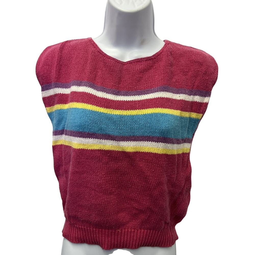 🍒 Peddlers Size S Women's Burgundy Rainbow Stripe Knit Sweater Vest Retro 90s